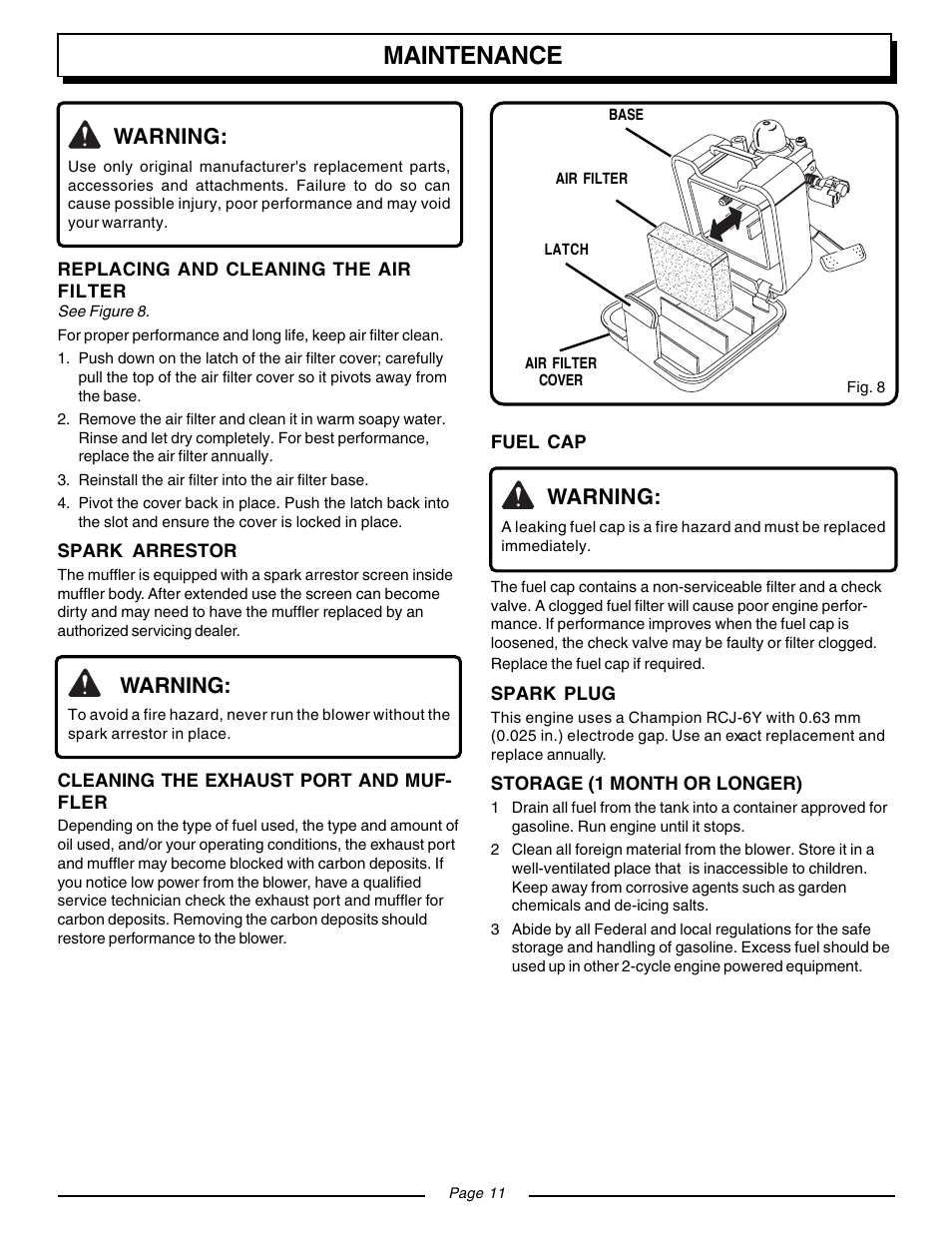 Maintenance, Warning | Homelite YARD BROOM II BLOWER UT08511 User Manual | Page 11 / 16