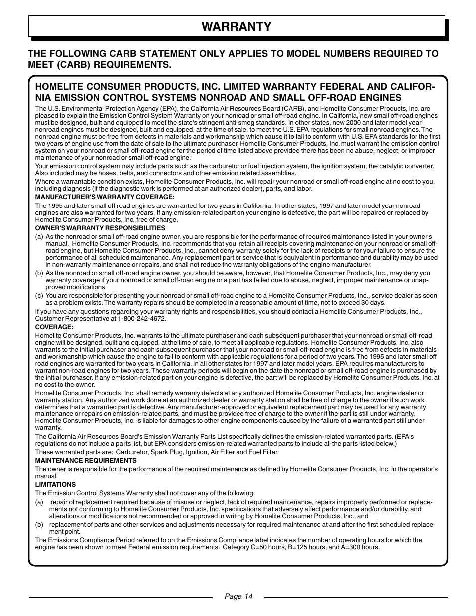Warranty | Homelite YARD BROOM II BLOWER UT08511 User Manual | Page 14 / 16