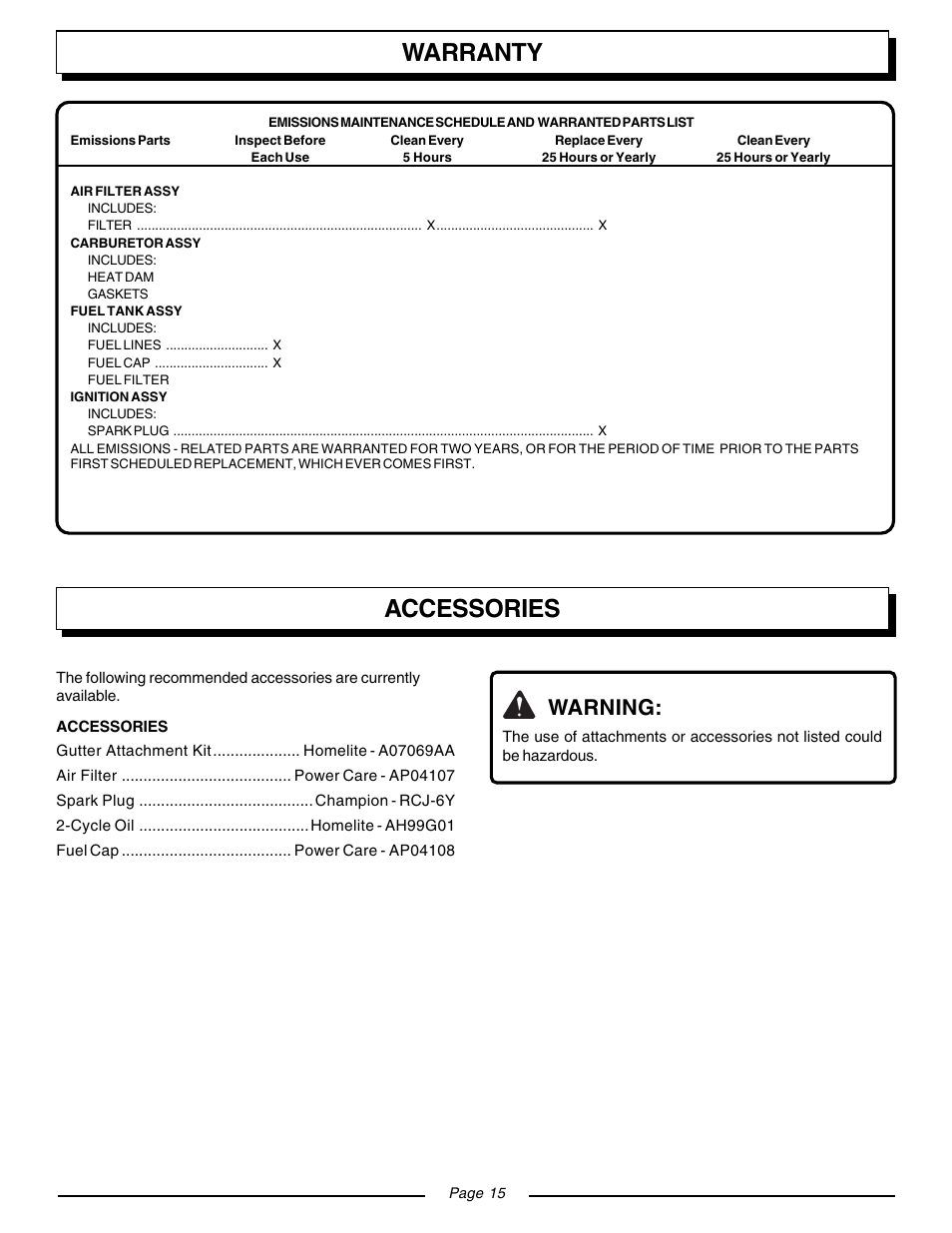 Warranty, Accessories, Warning | Homelite YARD BROOM II BLOWER UT08511 User Manual | Page 15 / 16