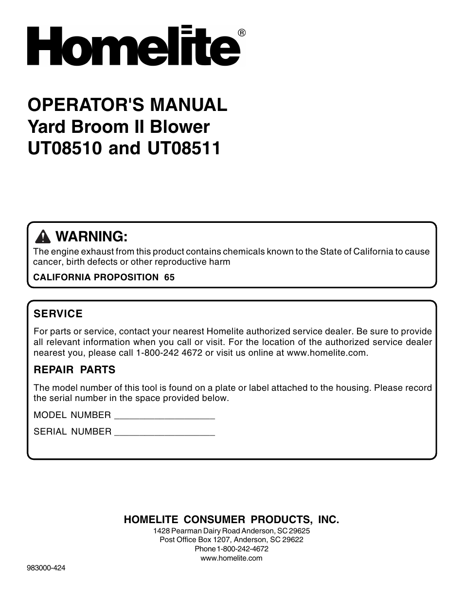 Warning | Homelite YARD BROOM II BLOWER UT08511 User Manual | Page 16 / 16
