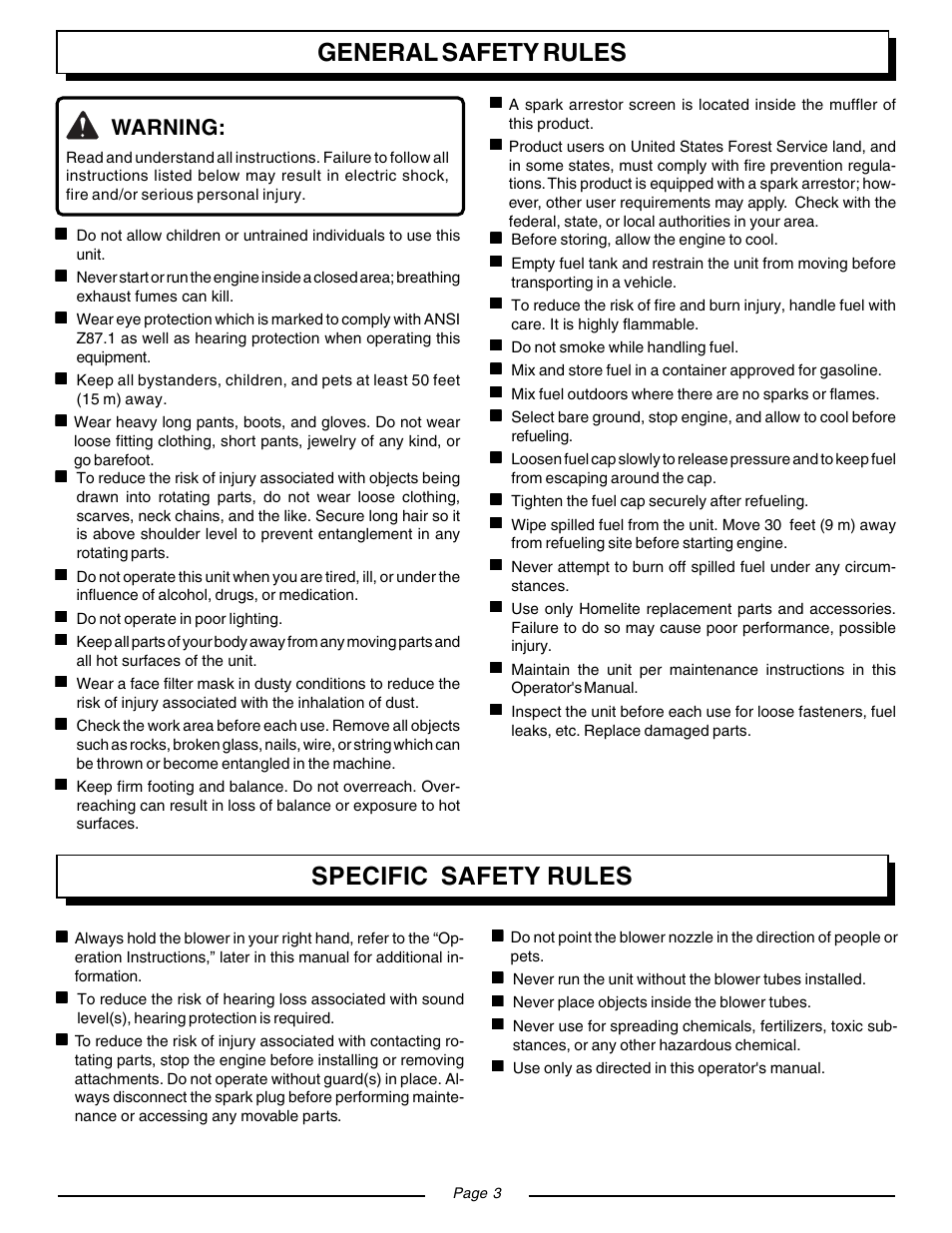 General safety rules, Specific safety rules, Warning | Homelite YARD BROOM II BLOWER UT08511 User Manual | Page 3 / 16