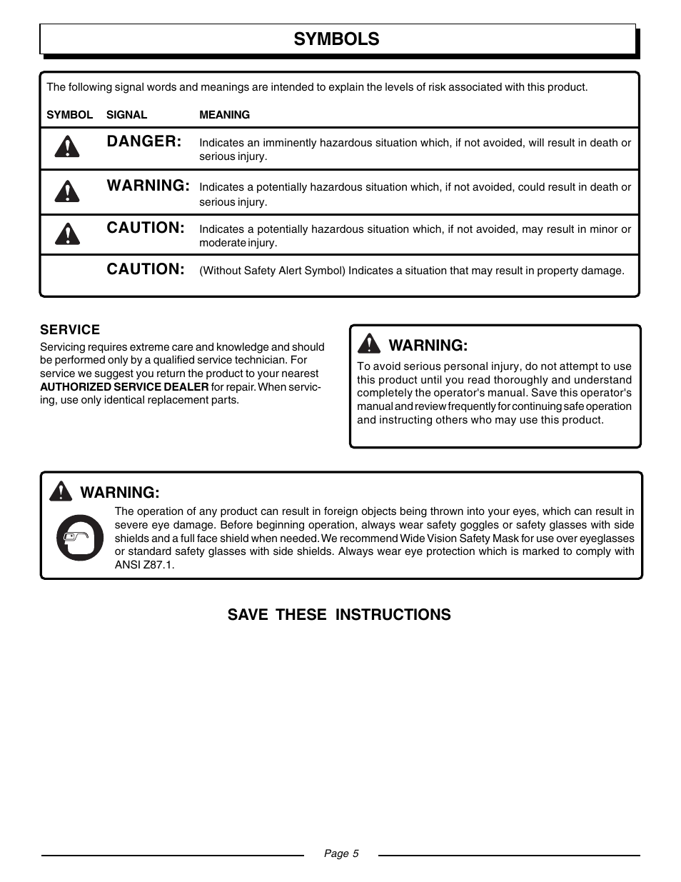 Symbols | Homelite YARD BROOM II BLOWER UT08511 User Manual | Page 5 / 16