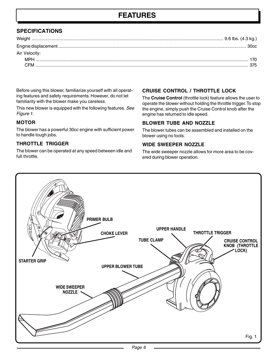 Features | Homelite YARD BROOM II BLOWER UT08511 User Manual | Page 6 / 16