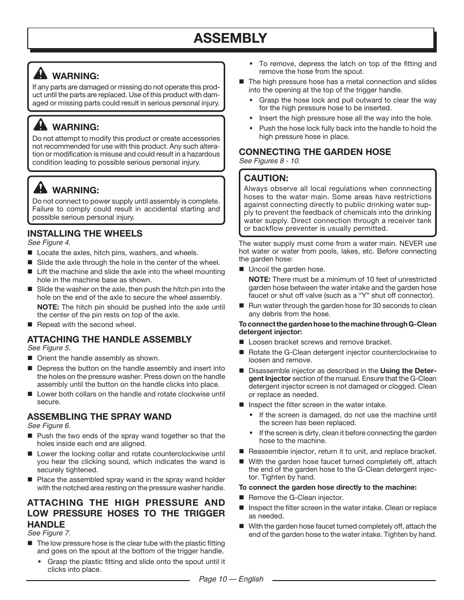 Assembly, Connecting the garden hose, Caution | Warning, Installing the wheels, Attaching the handle assembly, Assembling the spray wand | Homelite HL80220 User Manual | Page 14 / 48