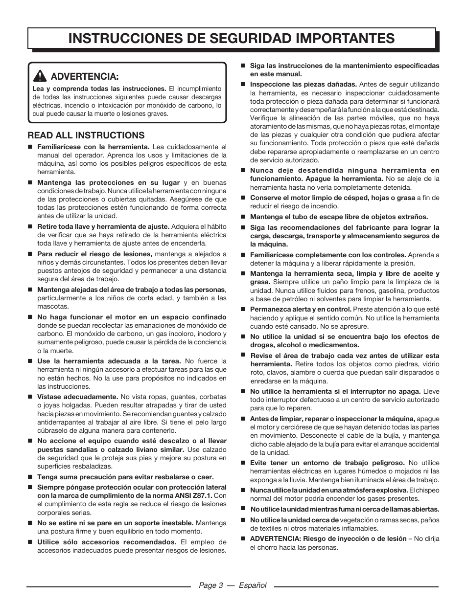 Instrucciones de seguridad importantes, Advertencia, Read all instructions | Homelite UT80516 User Manual | Page 39 / 56