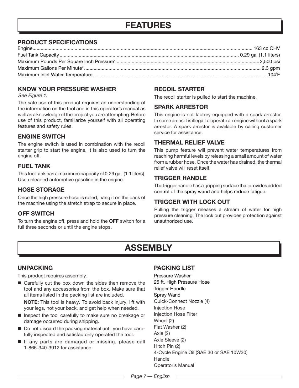 Features, Assembly | Homelite HLCA80710 User Manual | Page 11 / 52
