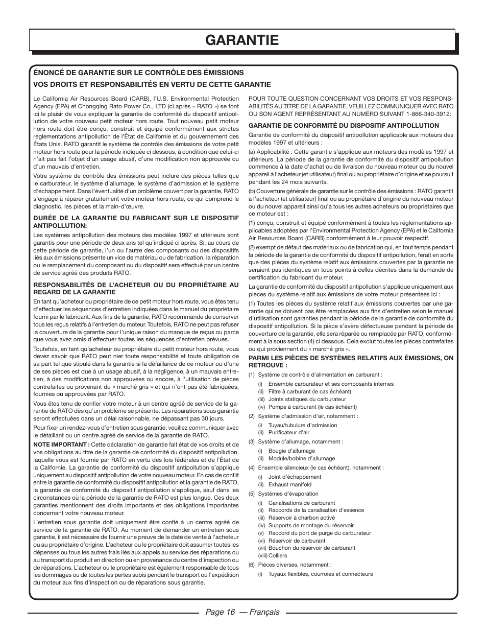 Garantie, Page 16 — français | Homelite HLCA80710 User Manual | Page 34 / 52