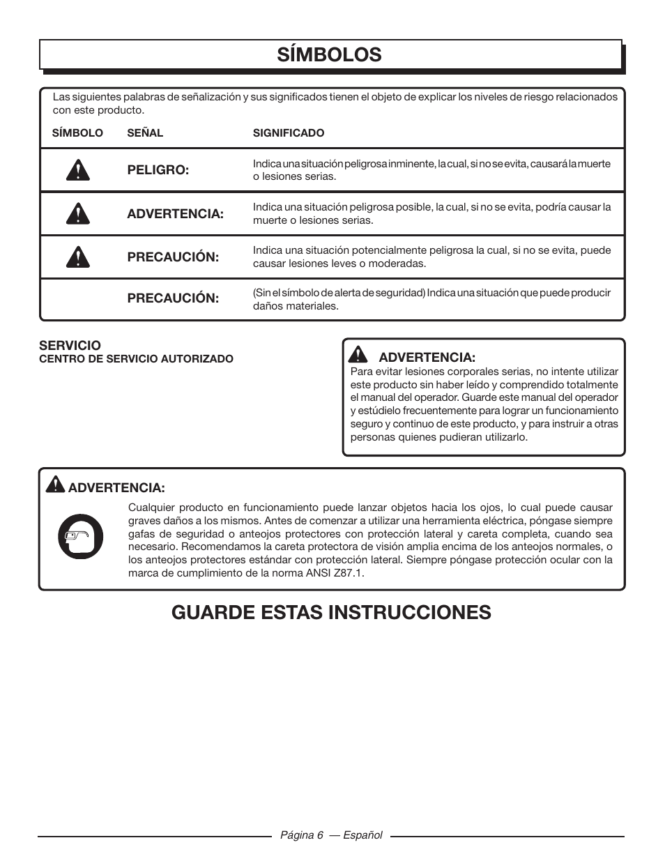 Símbolos, Guarde estas instrucciones | Homelite HLCA80710 User Manual | Page 38 / 52