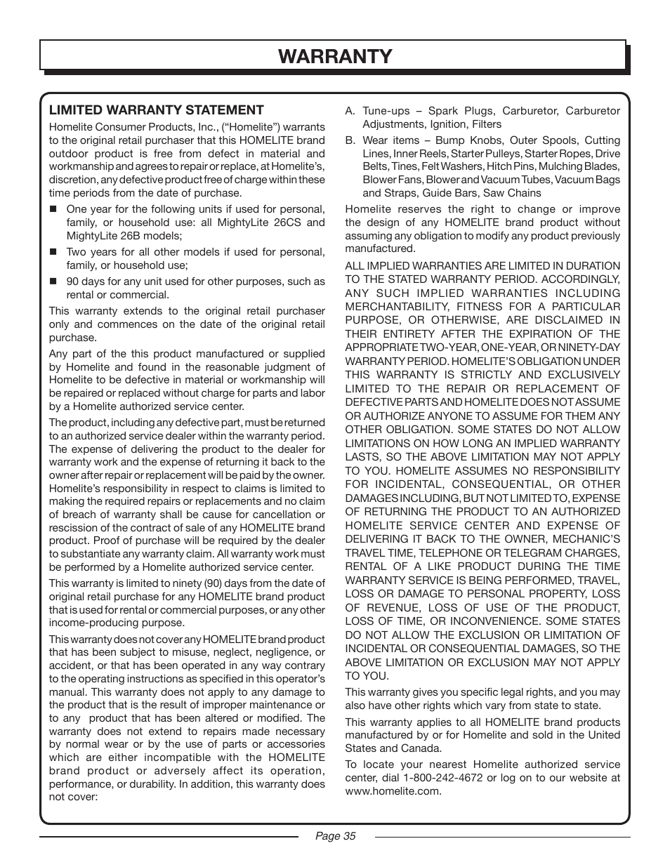 Warranty | Homelite UT10516/16 IN. 33CC User Manual | Page 35 / 38