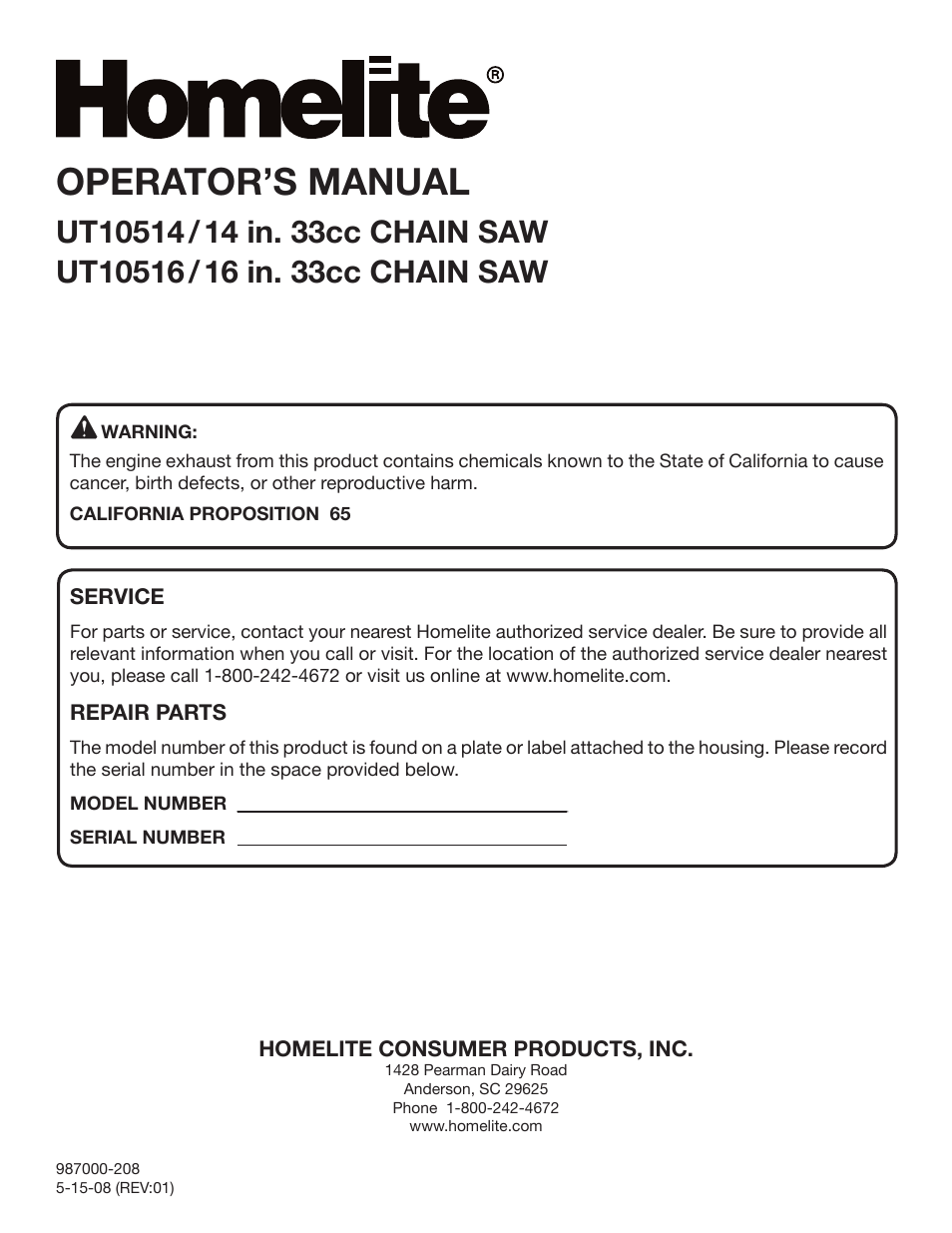 Operator’s manual | Homelite UT10516/16 IN. 33CC User Manual | Page 38 / 38