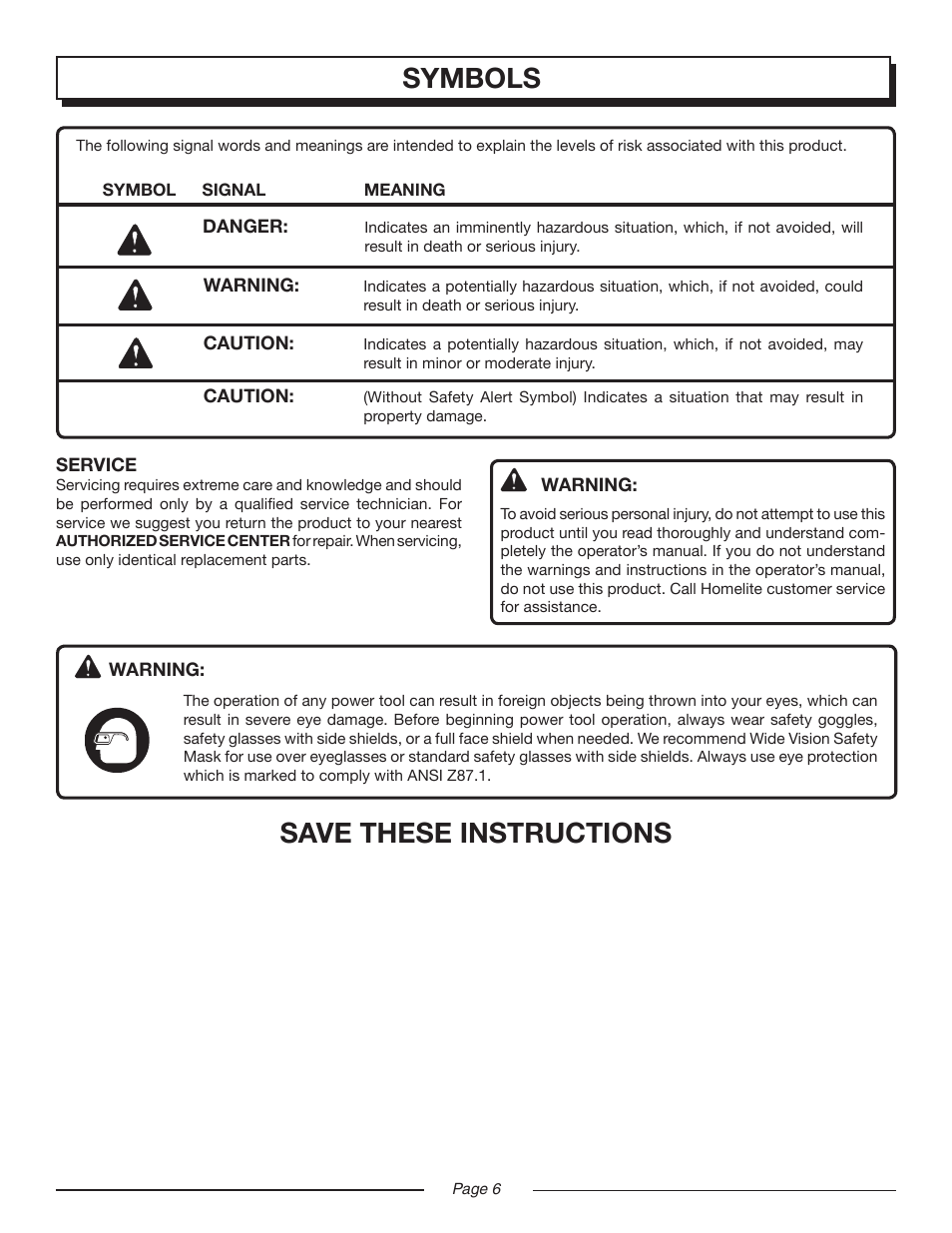Save these instructions, Symbols | Homelite UT10516/16 IN. 33CC User Manual | Page 6 / 38