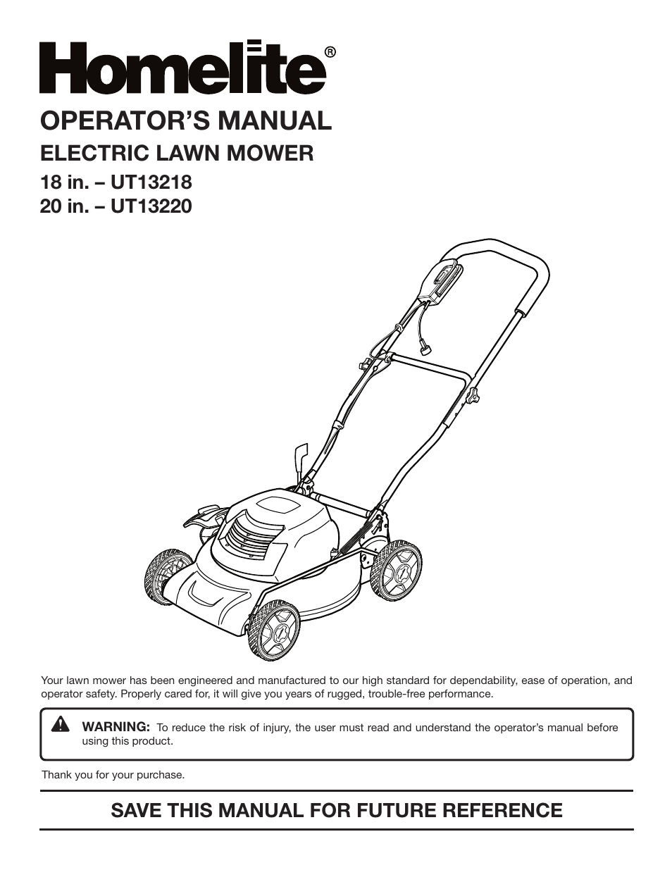 Homelite Electric Lawn Mower UT13220 User Manual | 22 pages
