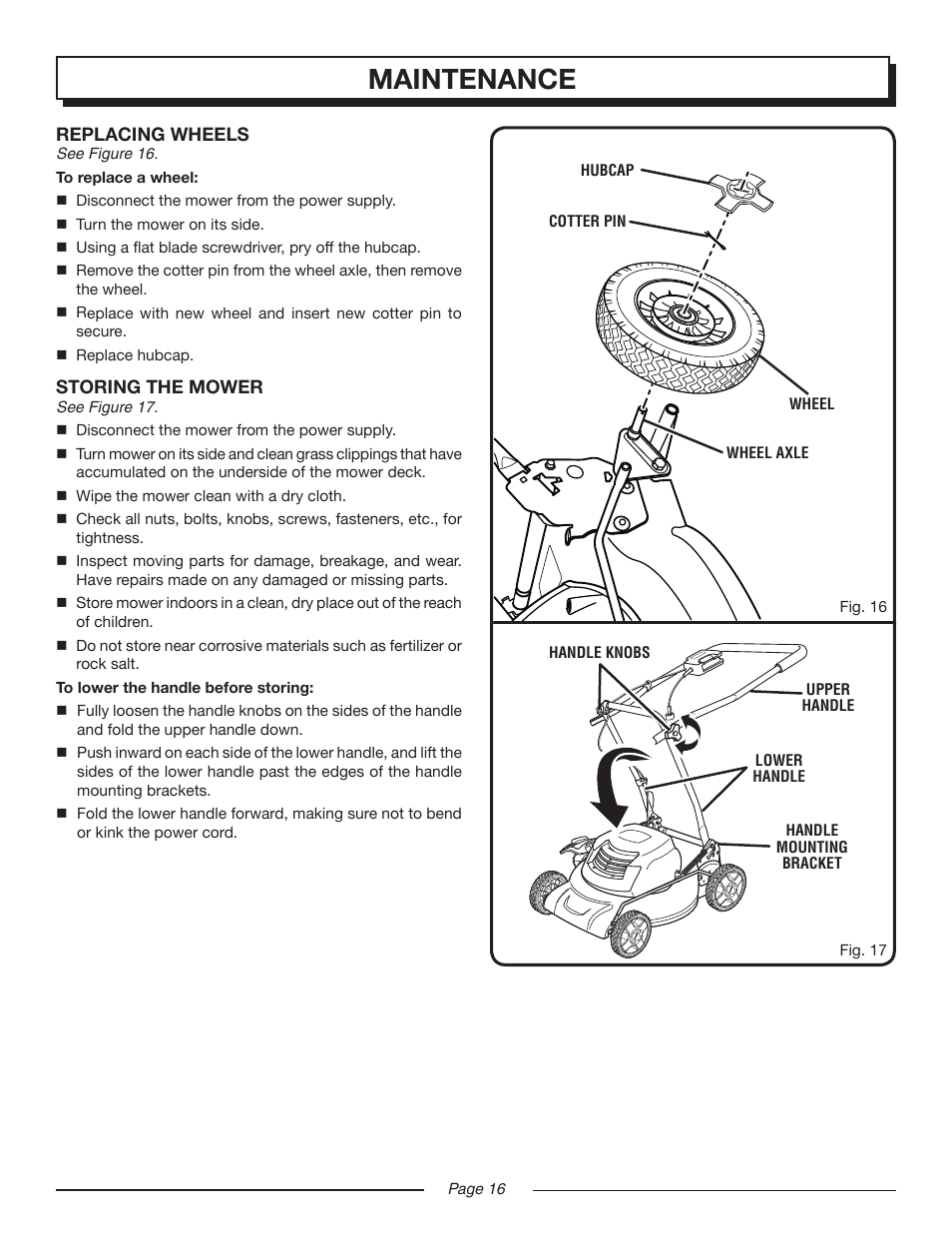 Hl 18-20 eng 16, Maintenance | Homelite Electric Lawn Mower UT13220 User Manual | Page 16 / 22