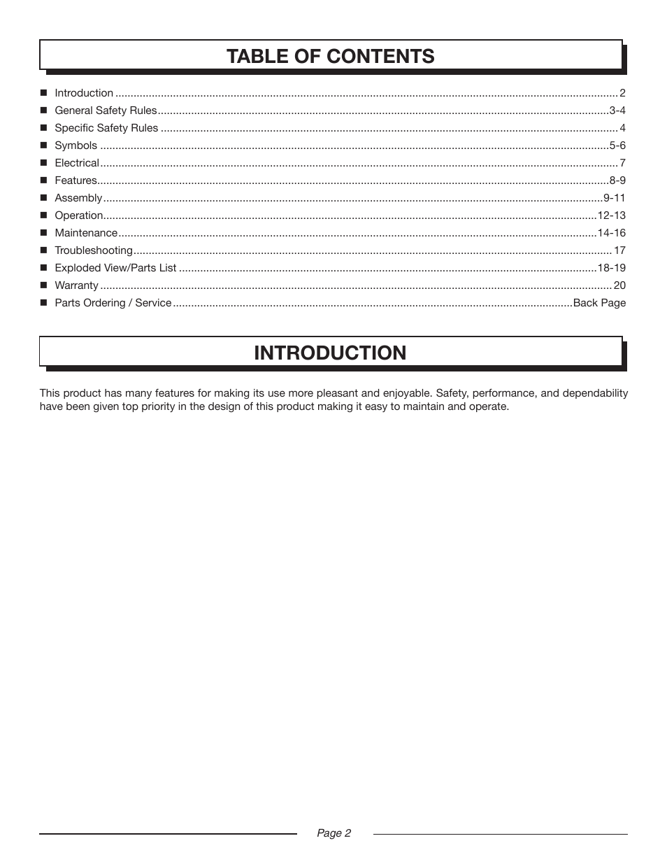 Hl 18-20 eng 2, Introduction table of contents | Homelite Electric Lawn Mower UT13220 User Manual | Page 2 / 22
