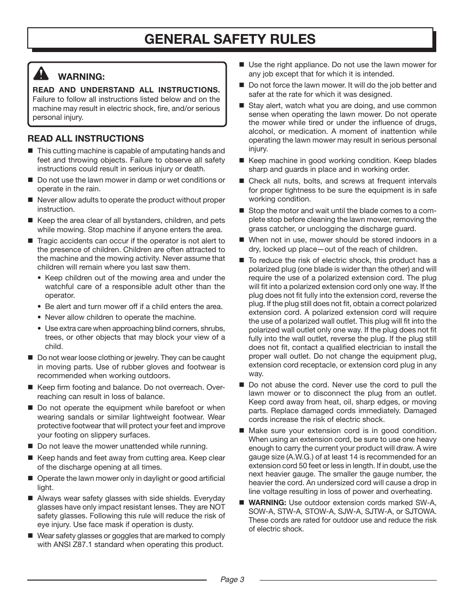 Hl 18-20 eng 3, General safety rules | Homelite Electric Lawn Mower UT13220 User Manual | Page 3 / 22