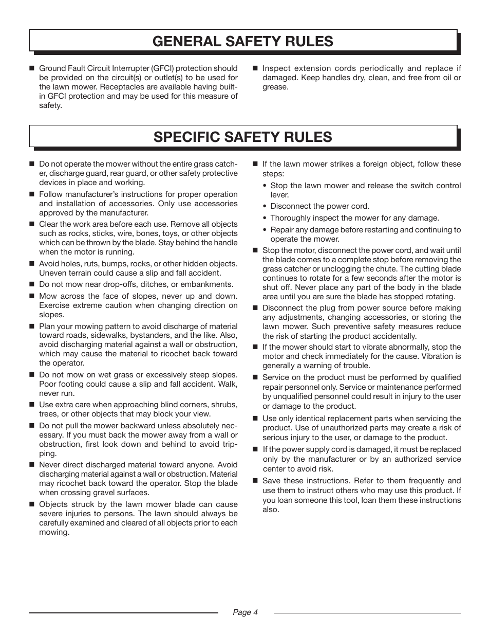 Hl 18-20 eng 4, Specific safety rules, General safety rules | Homelite Electric Lawn Mower UT13220 User Manual | Page 4 / 22