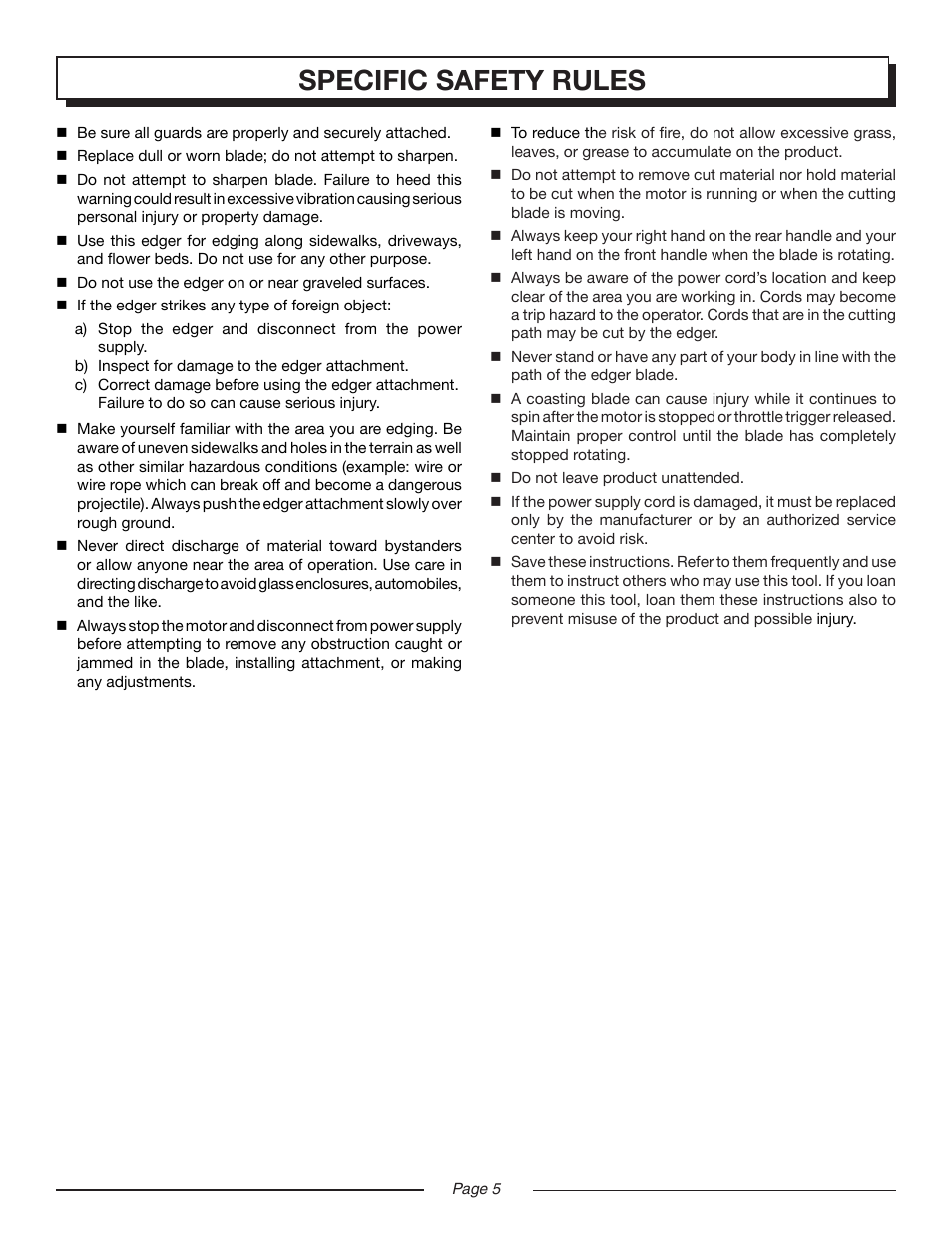 Specific safety rules | Homelite UT45100 User Manual | Page 5 / 18