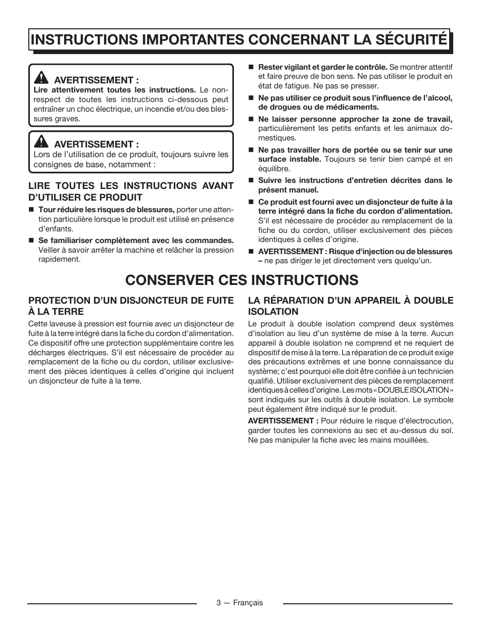 Conserver ces instructions, Instructions importantes concernant la sécurité | Homelite UT80715 User Manual | Page 17 / 42