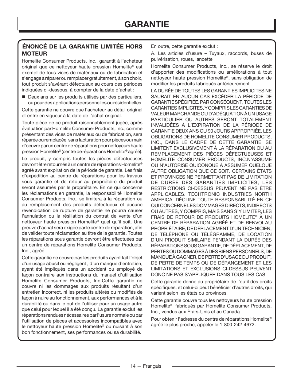 Garantie, Énoncé de la garantie limitée hors moteur | Homelite UT80715 User Manual | Page 28 / 42