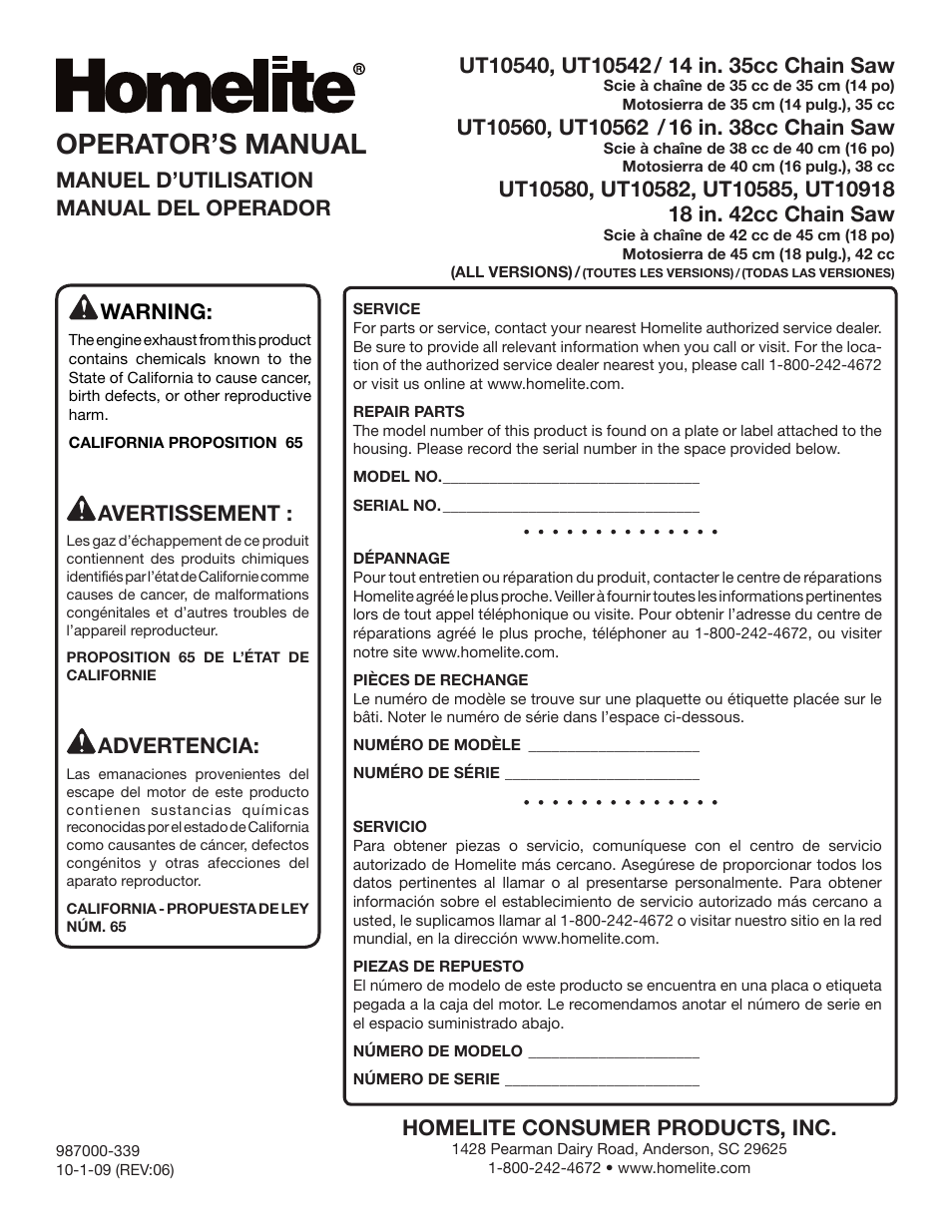 Operator’s manual, Homelite consumer products, inc, Warning | Avertissement, Advertencia, Manuel d’utilisation manual del operador | Homelite UT10585 User Manual | Page 124 / 124