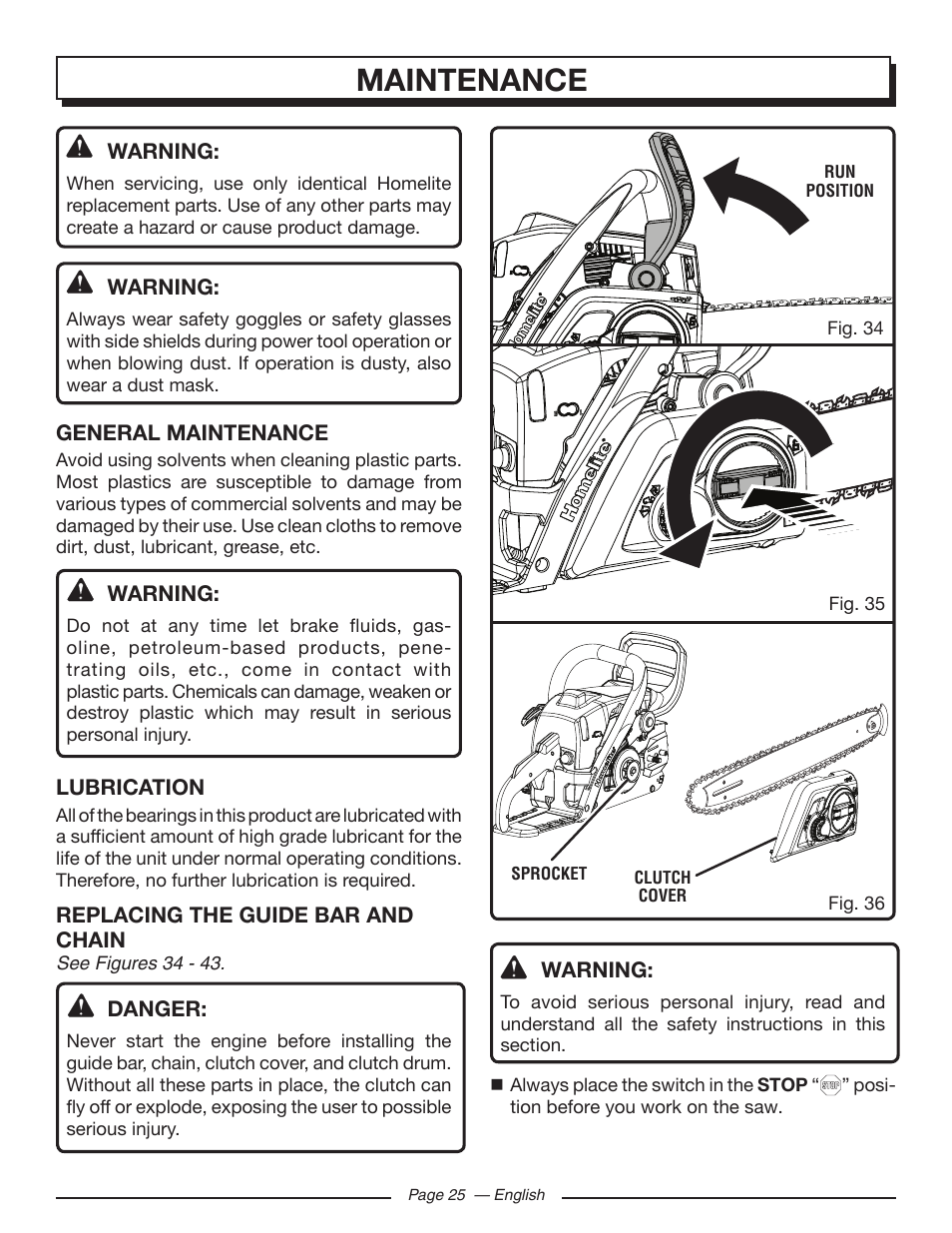 Maintenance | Homelite UT10585 User Manual | Page 25 / 124