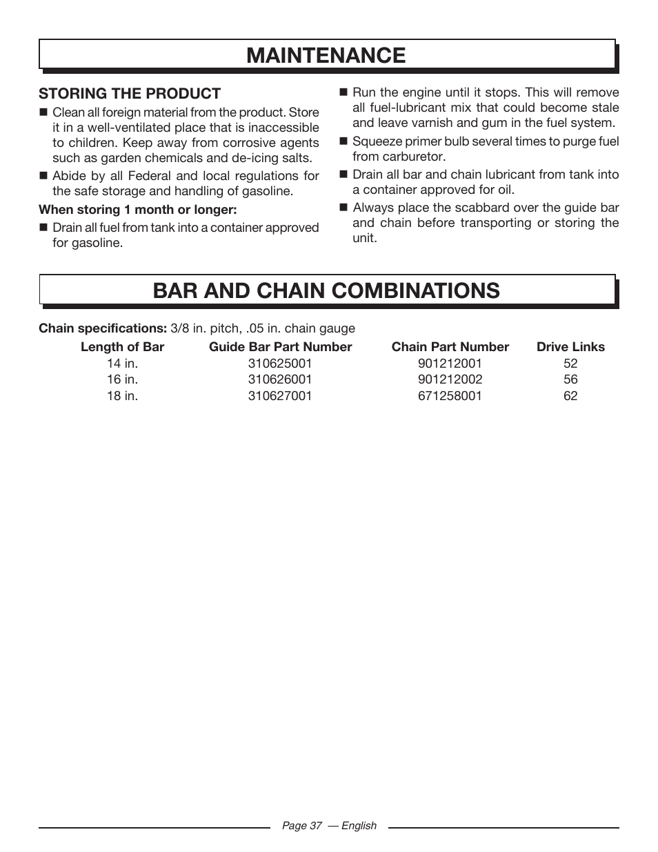 Maintenance, Bar and chain combinations | Homelite UT10585 User Manual | Page 37 / 124