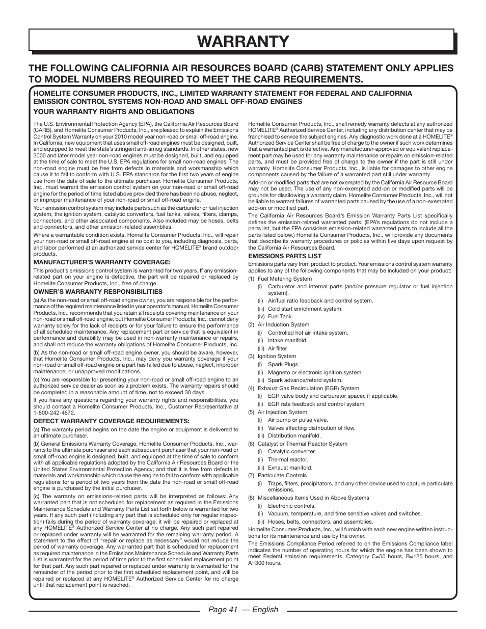 Warranty, Page 41 — english | Homelite UT10585 User Manual | Page 41 / 124