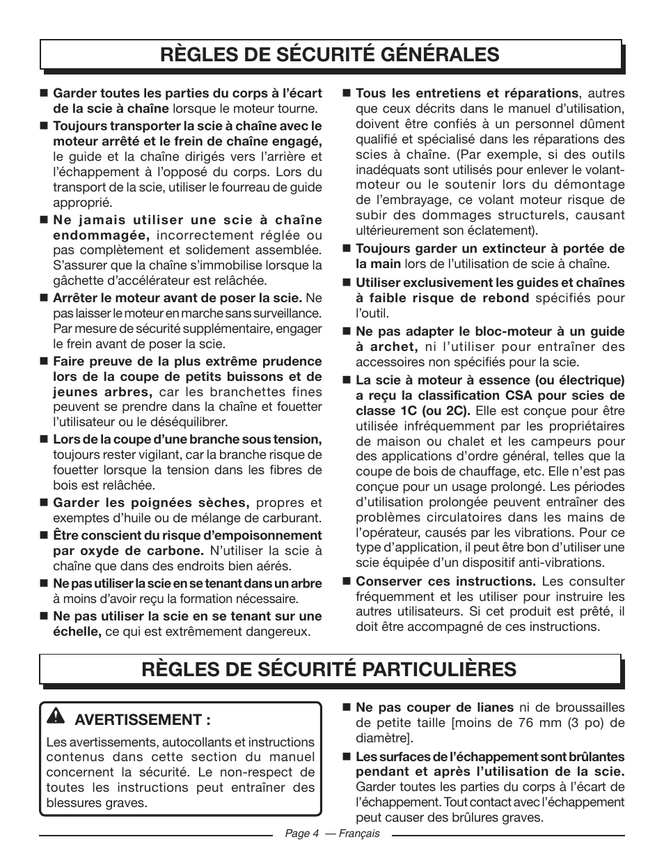 Règles de sécurité générales, Règles de sécurité particulières | Homelite UT10585 User Manual | Page 44 / 124