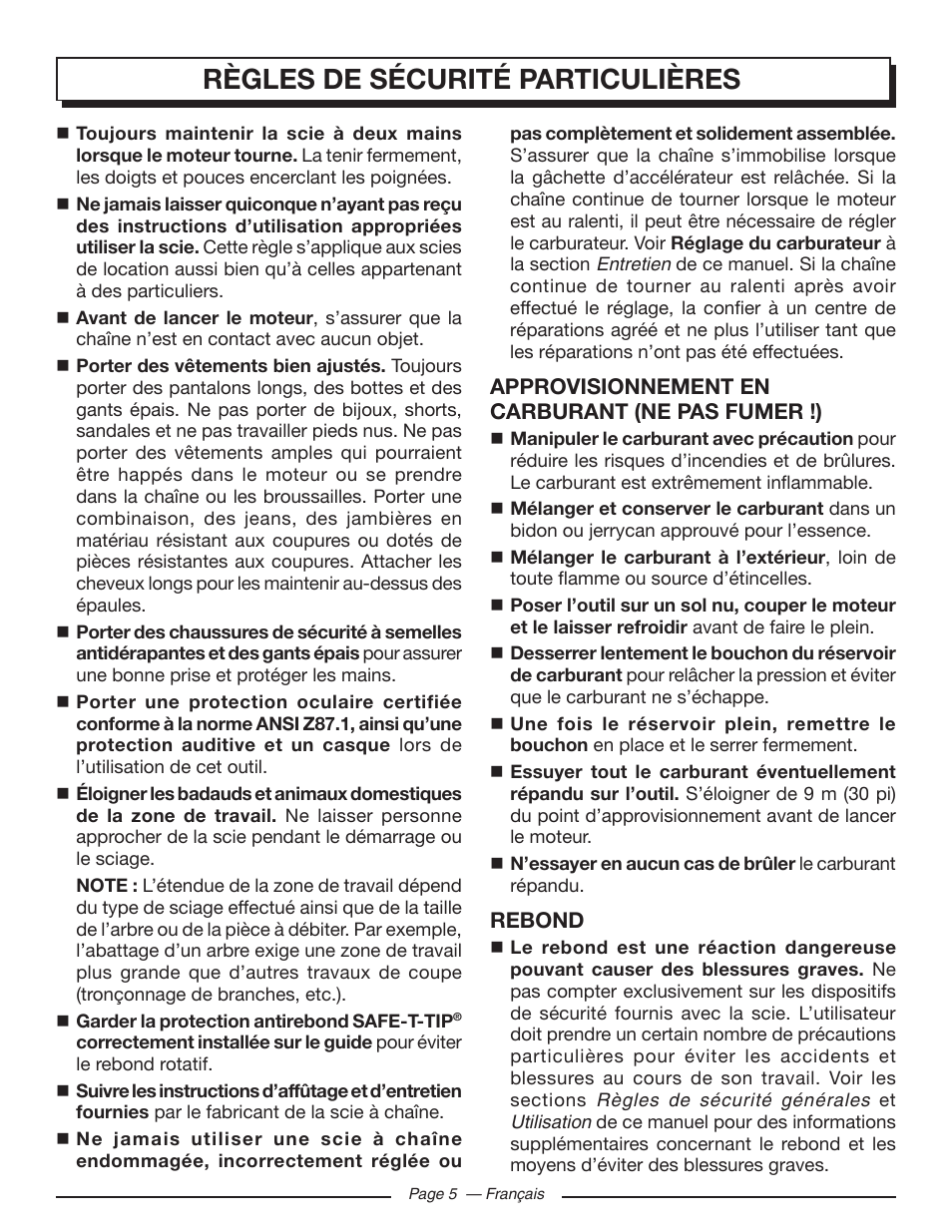 Règles de sécurité particulières | Homelite UT10585 User Manual | Page 45 / 124
