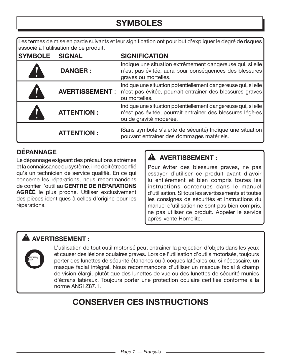 Conserver ces instructions, Symboles | Homelite UT10585 User Manual | Page 47 / 124
