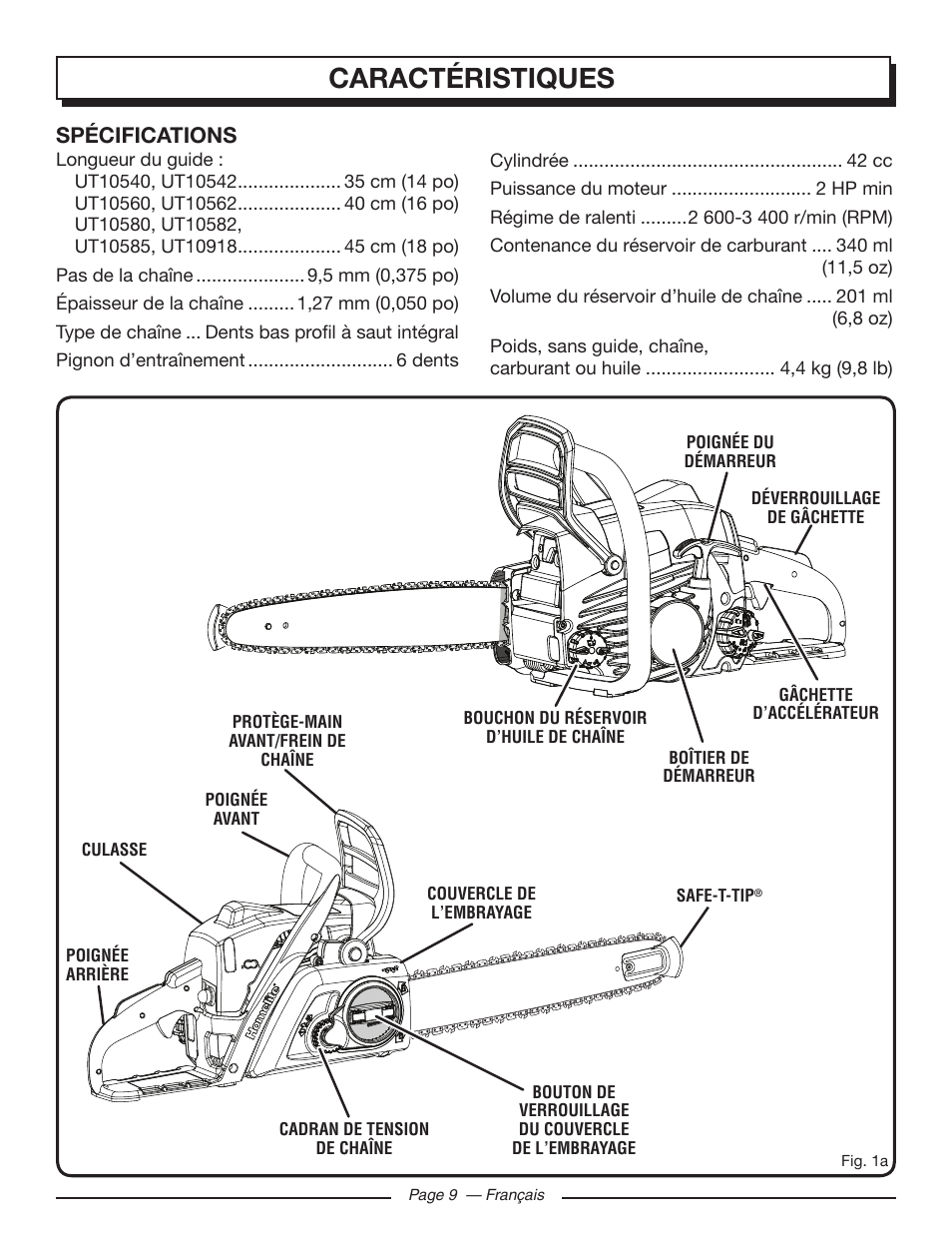 Caractéristiques, Spécifications | Homelite UT10585 User Manual | Page 49 / 124