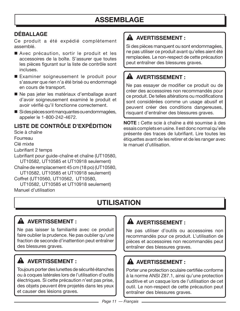 Assemblage utilisation | Homelite UT10585 User Manual | Page 51 / 124