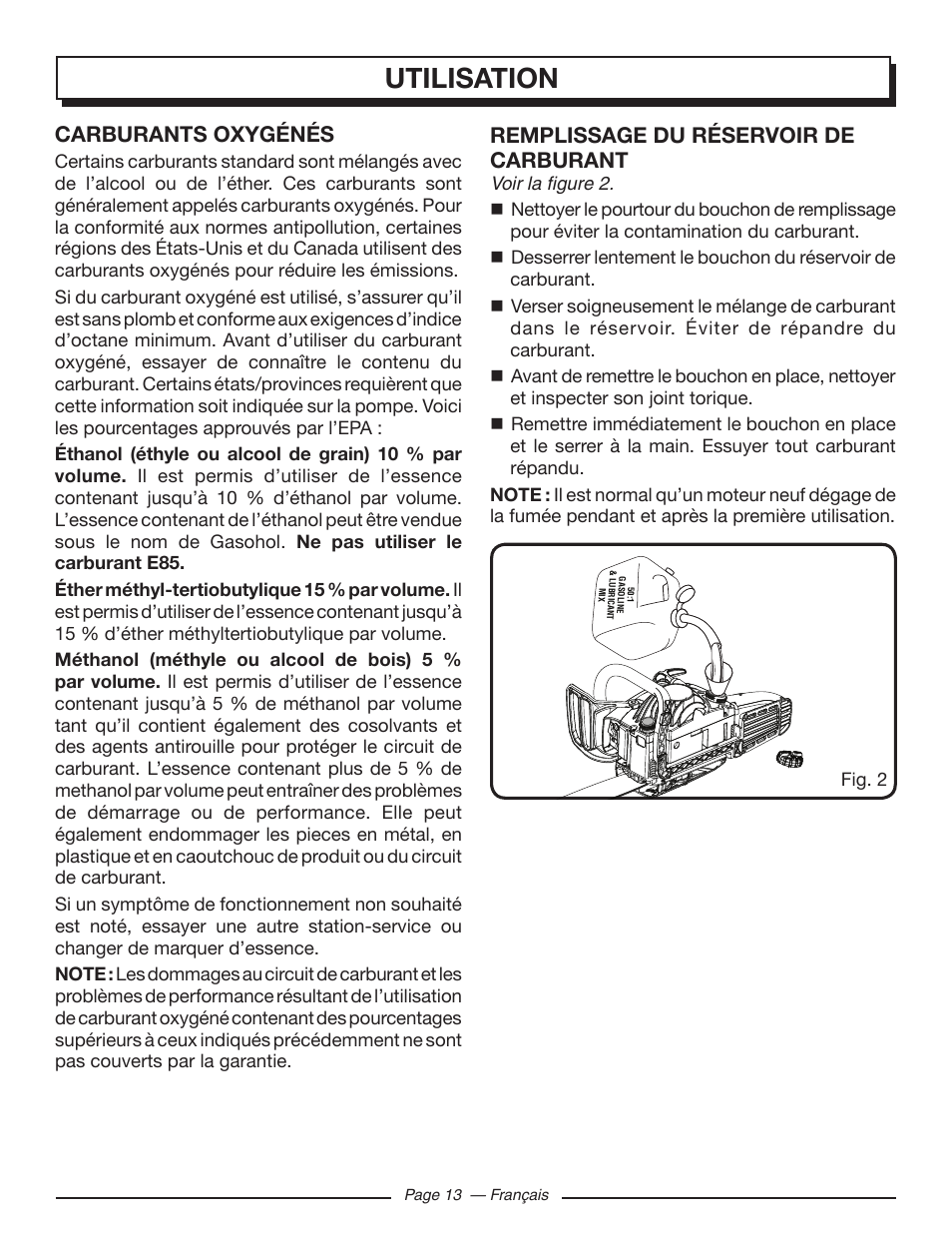 Utilisation, Carburants oxygénés, Remplissage du réservoir de carburant | Homelite UT10585 User Manual | Page 53 / 124