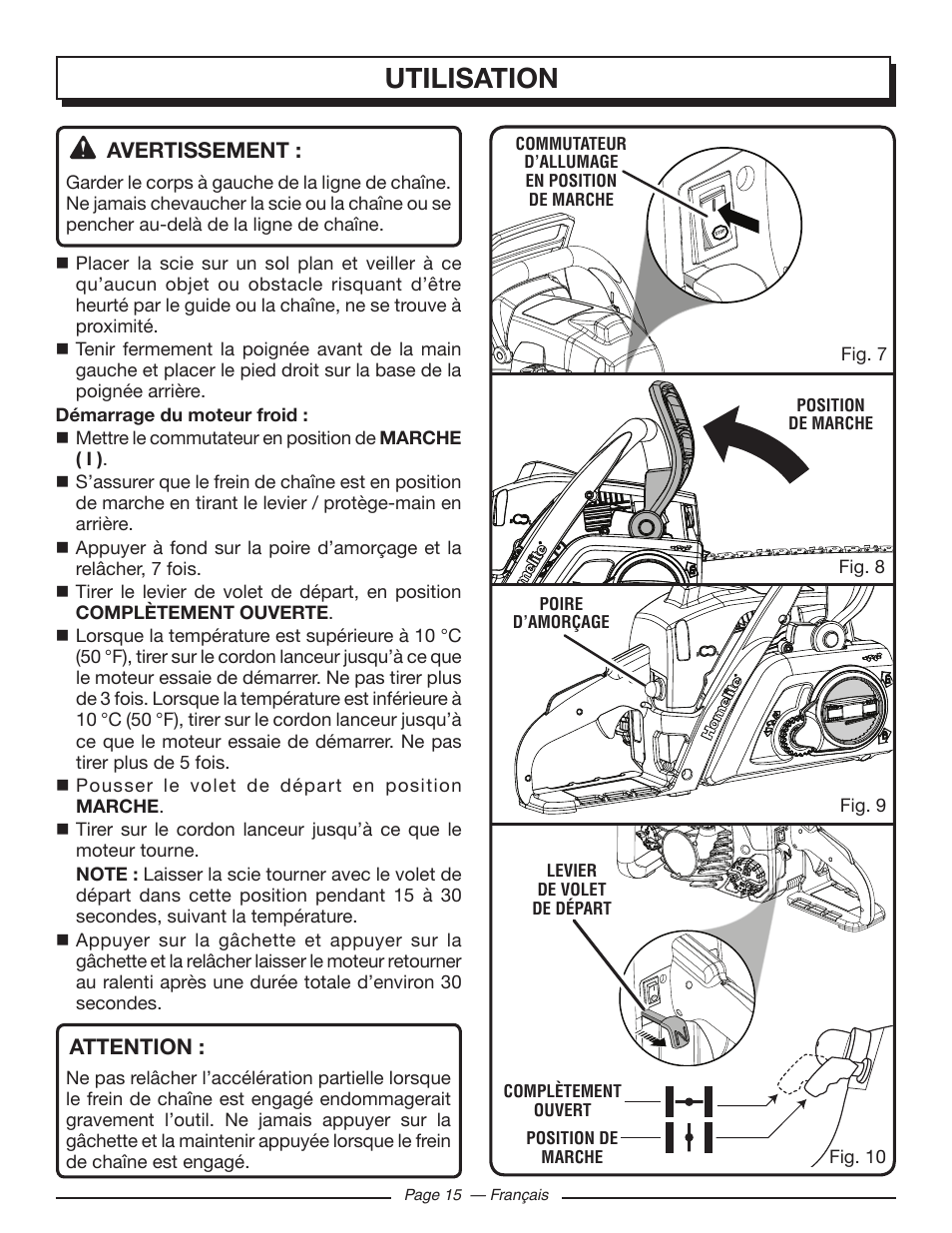 Utilisation, Avertissement, Attention | Homelite UT10585 User Manual | Page 55 / 124