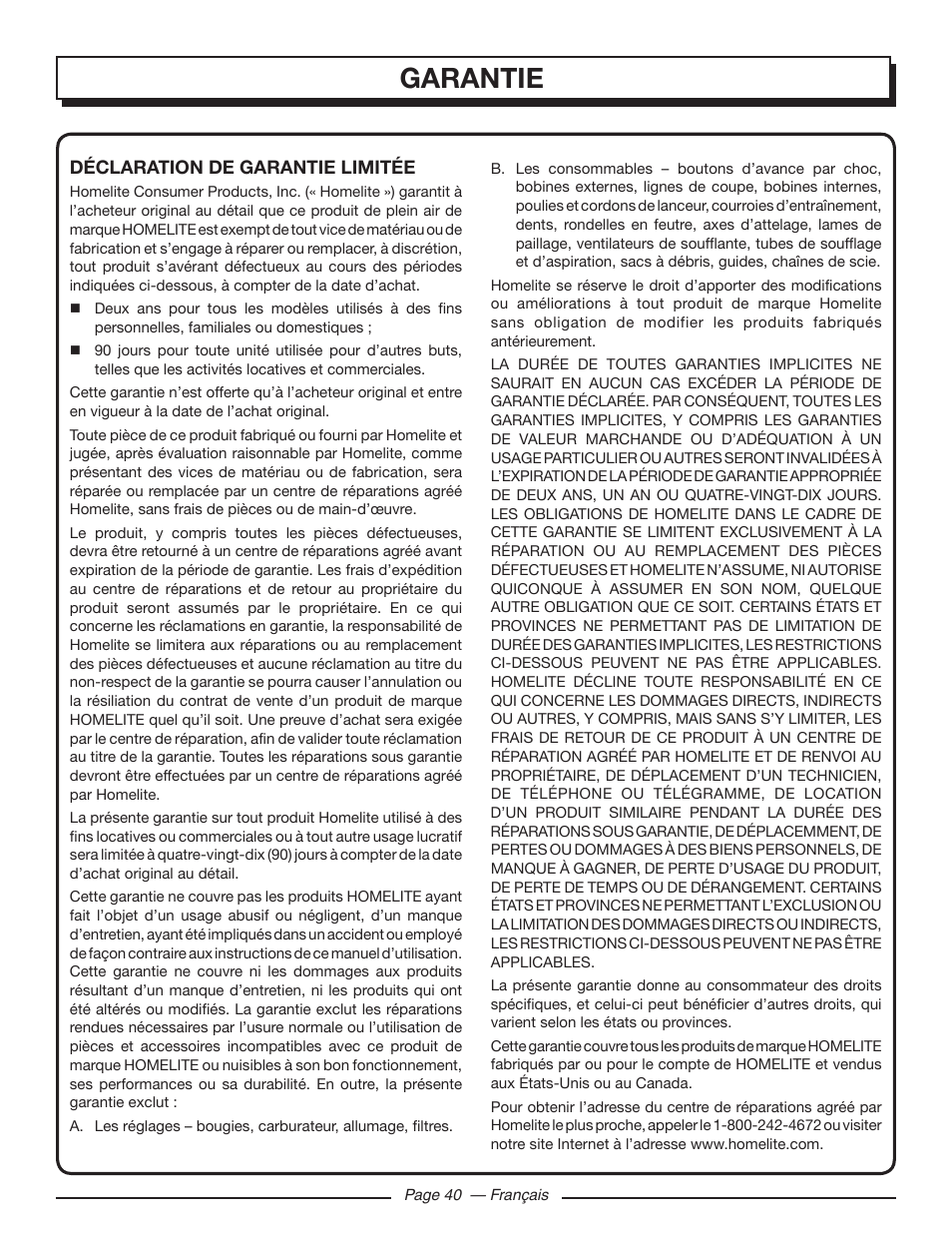 Garantie | Homelite UT10585 User Manual | Page 80 / 124