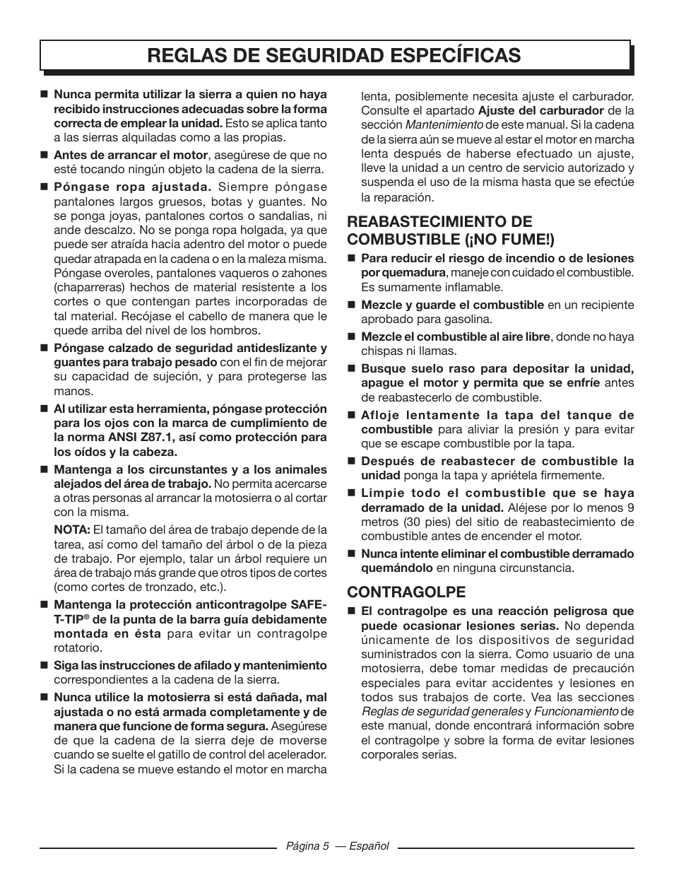 Reglas de seguridad específicas, Reabastecimiento de combustible (¡no fume!), Contragolpe | Homelite UT10585 User Manual | Page 85 / 124