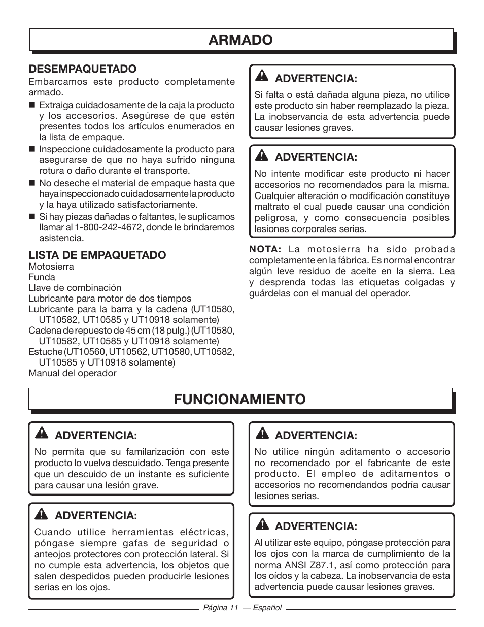 Armado funcionamiento | Homelite UT10585 User Manual | Page 91 / 124