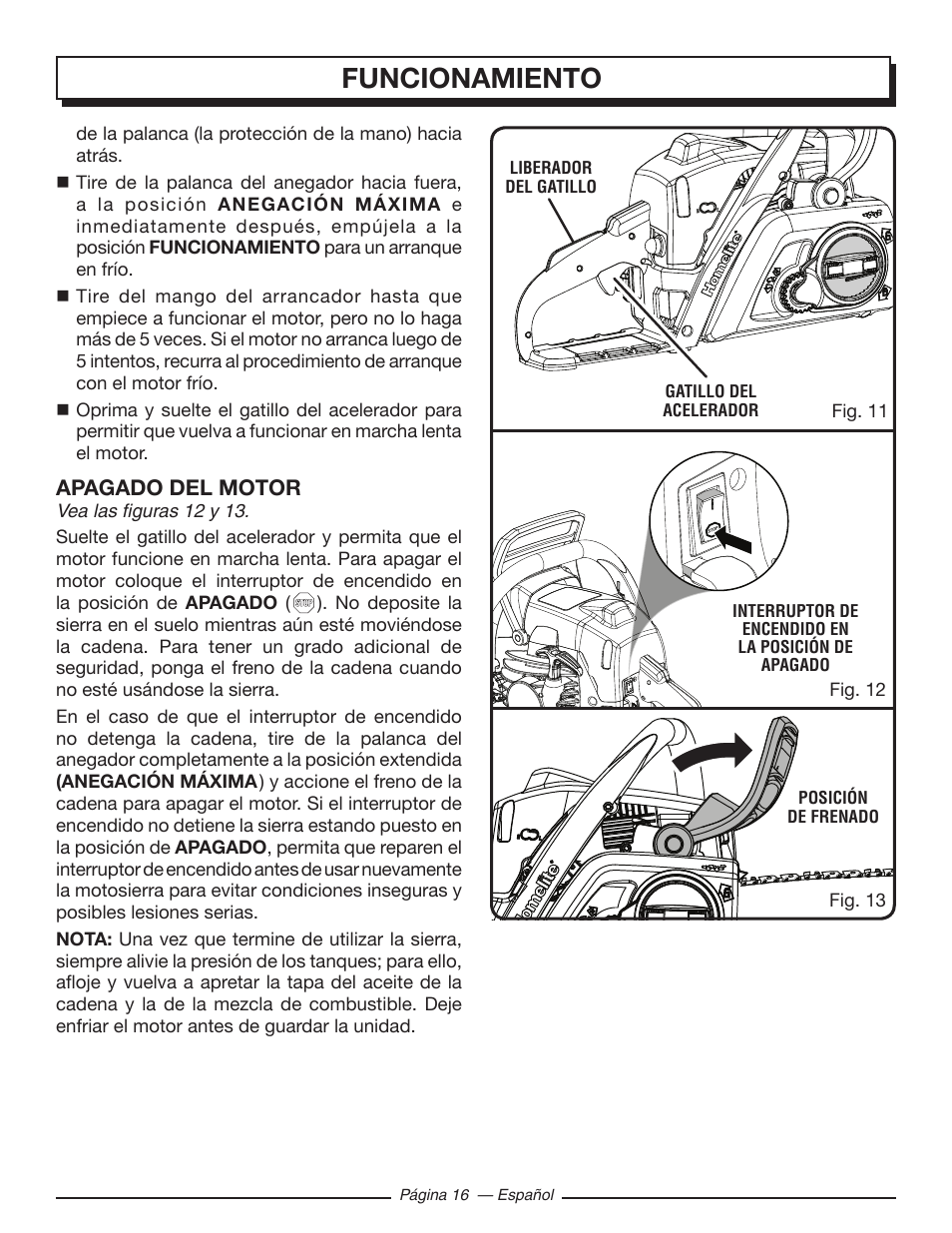 Funcionamiento, Apagado del motor | Homelite UT10585 User Manual | Page 96 / 124