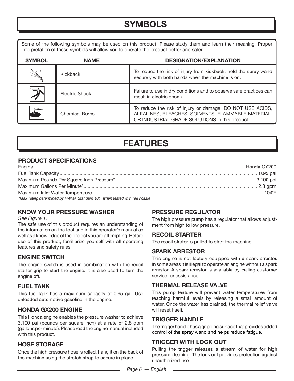 Symbols, Features | Homelite HL80923 User Manual | Page 10 / 48