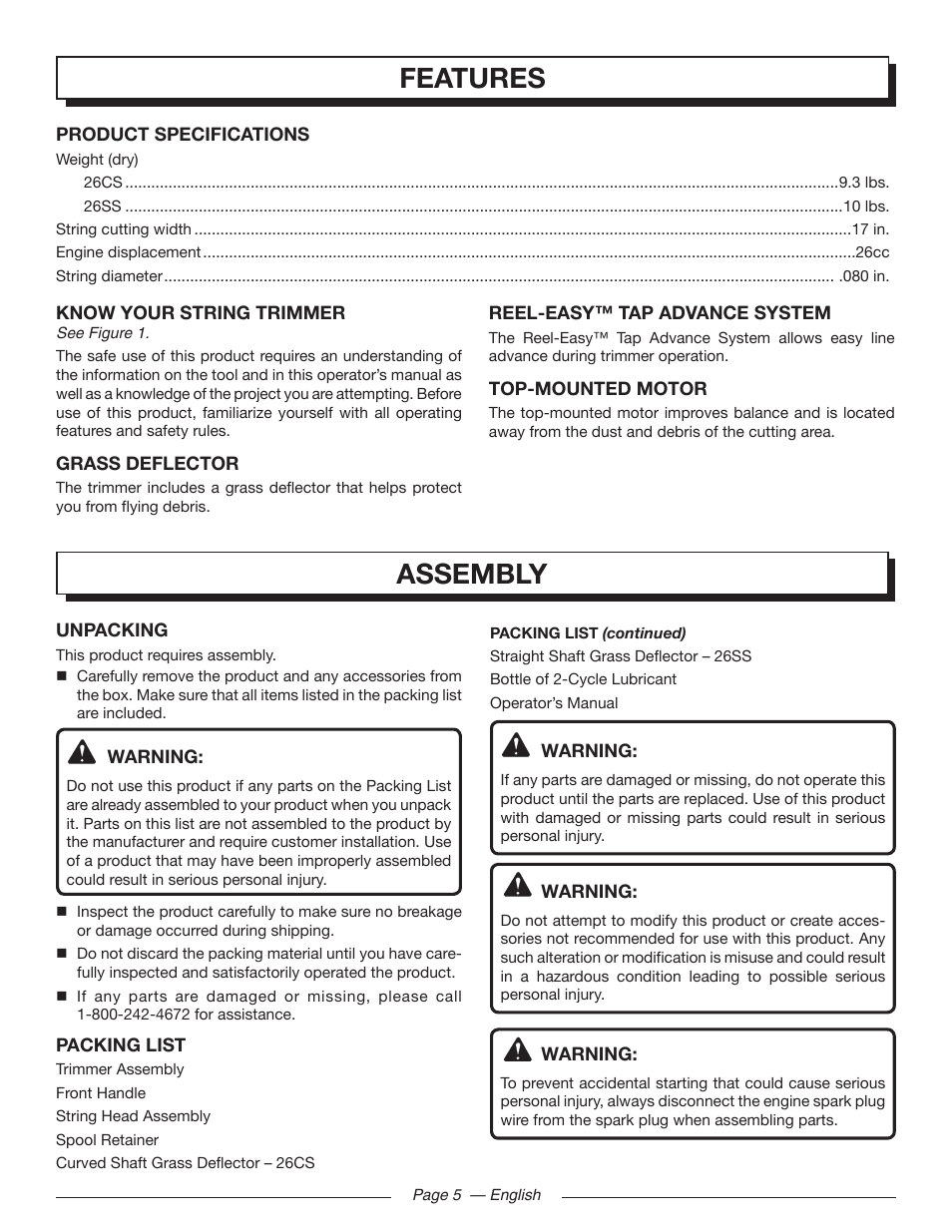 Features, Assembly | Homelite 26SS UT22650 User Manual | Page 9 / 44