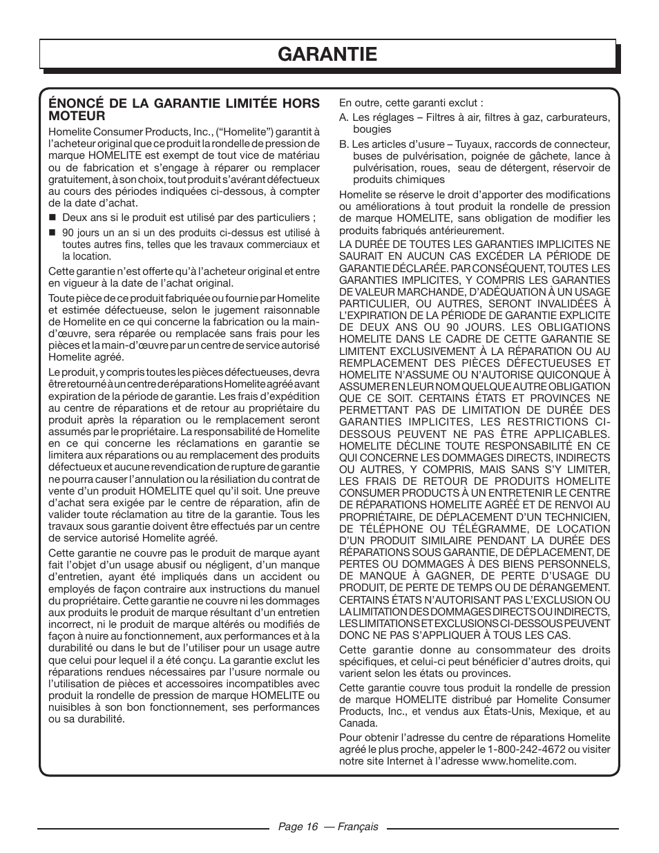 Garantie | Homelite UT80546 User Manual | Page 35 / 52