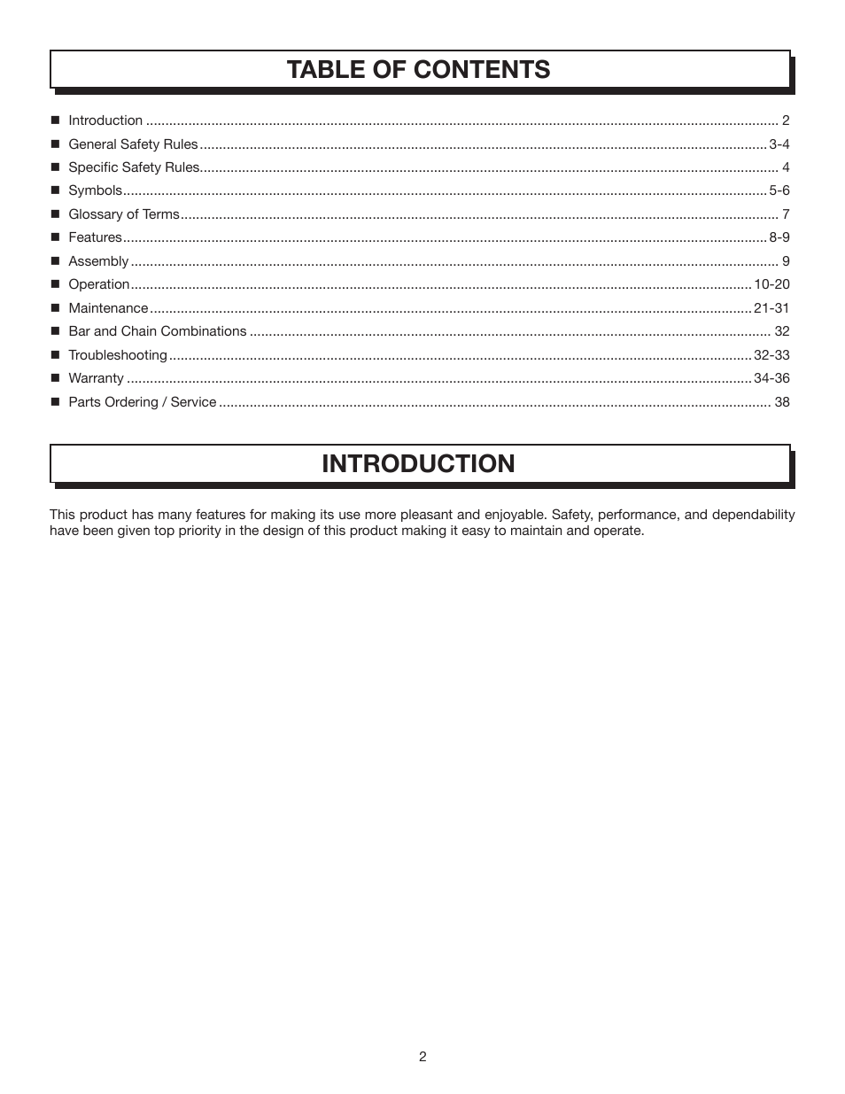 Table of contents introduction | Homelite UT10032 User Manual | Page 2 / 38