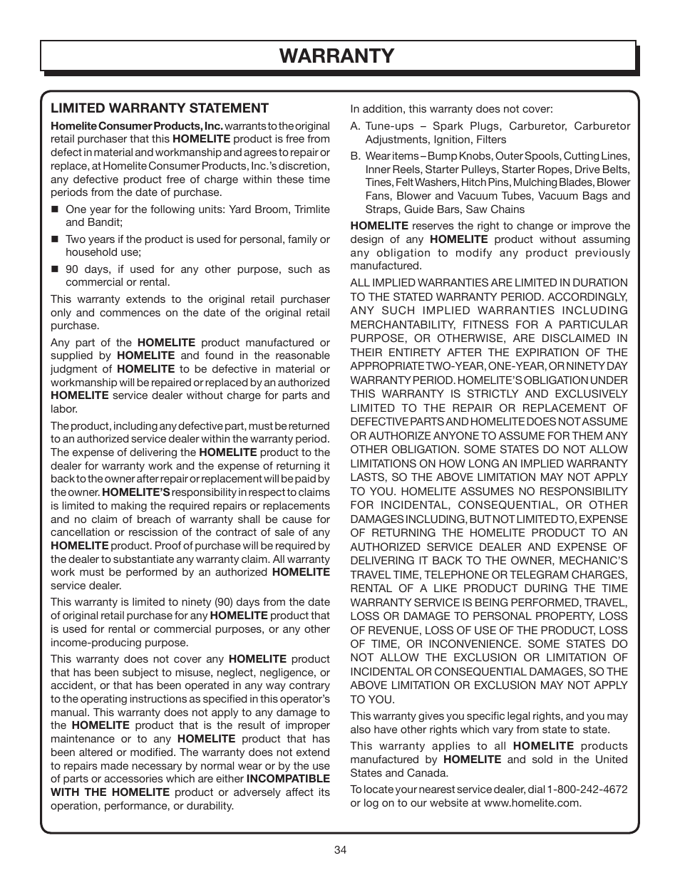 Warranty | Homelite UT10032 User Manual | Page 34 / 38