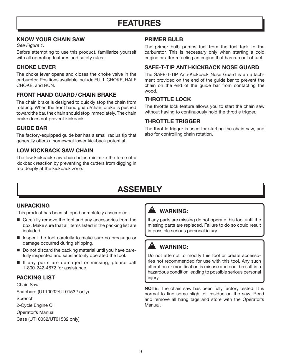 Features, Assembly | Homelite UT10032 User Manual | Page 9 / 38