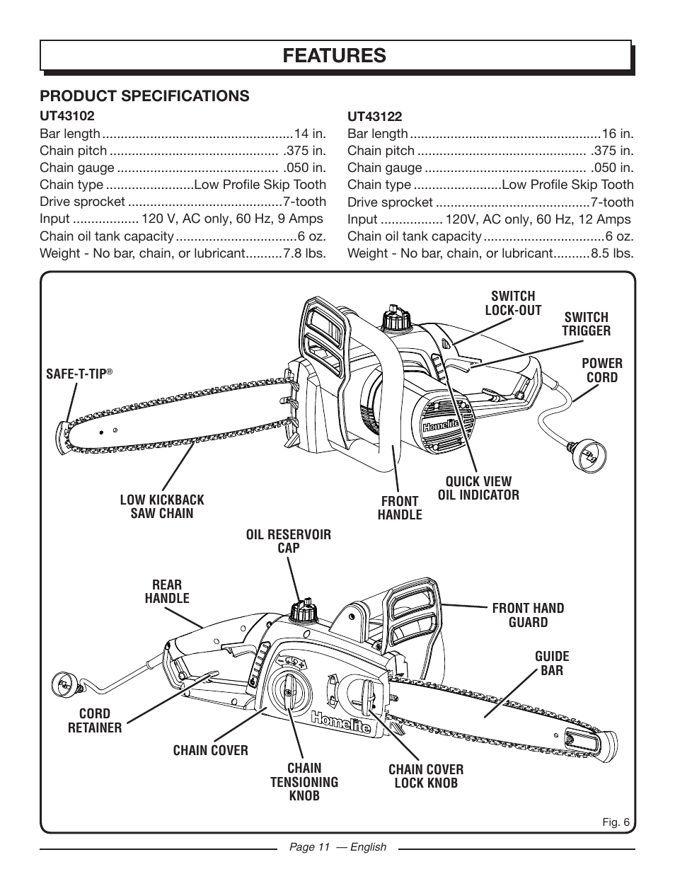 Features | Homelite UT43122 User Manual | Page 11 / 88