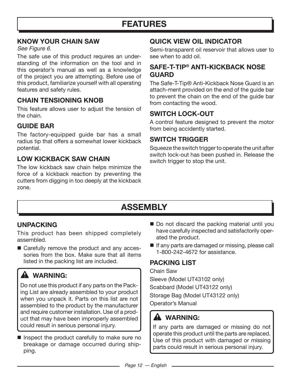 Features, Assembly | Homelite UT43122 User Manual | Page 12 / 88
