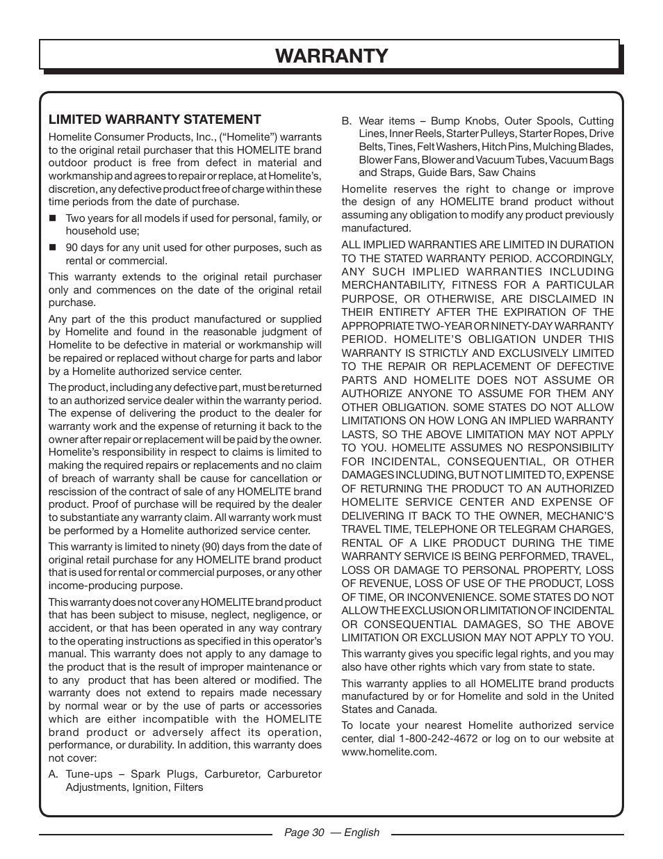 Warranty | Homelite UT43122 User Manual | Page 30 / 88
