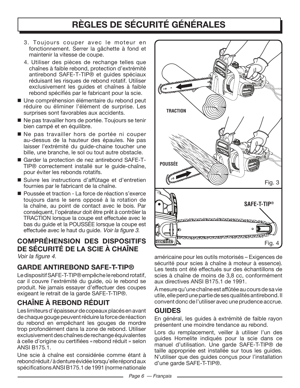 Règles de sécurité générales, Garde antirebond safe-t-tip, Chaîne à rebond réduit | Guides | Homelite UT43122 User Manual | Page 34 / 88