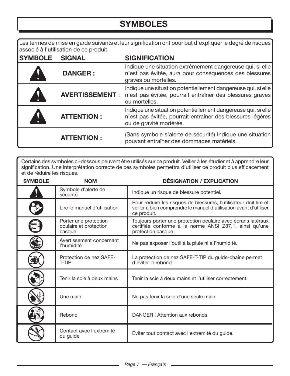Symboles, Symbole signal signification danger, Avertissement | Attention | Homelite UT43122 User Manual | Page 35 / 88
