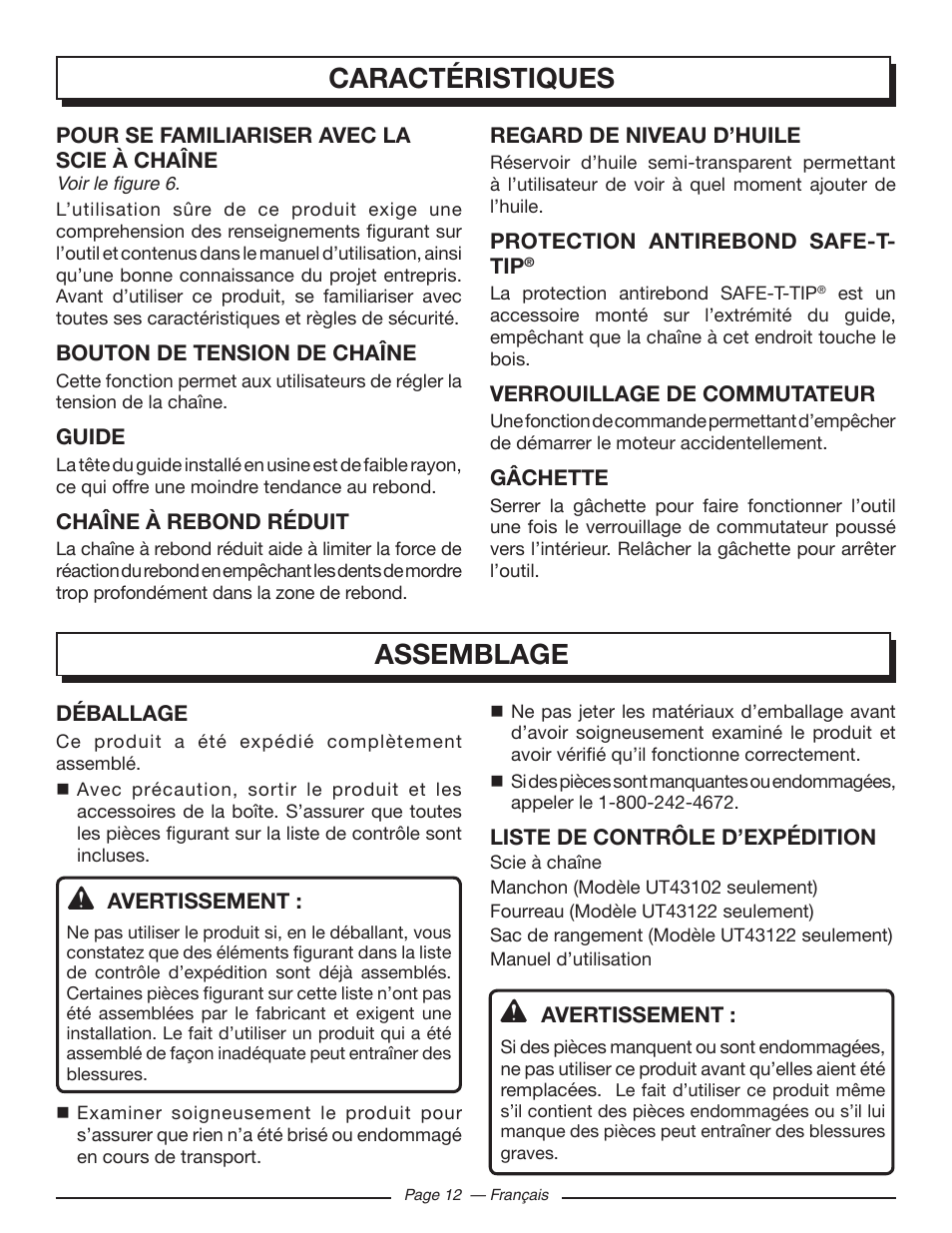 Caractéristiques, Assemblage | Homelite UT43122 User Manual | Page 40 / 88